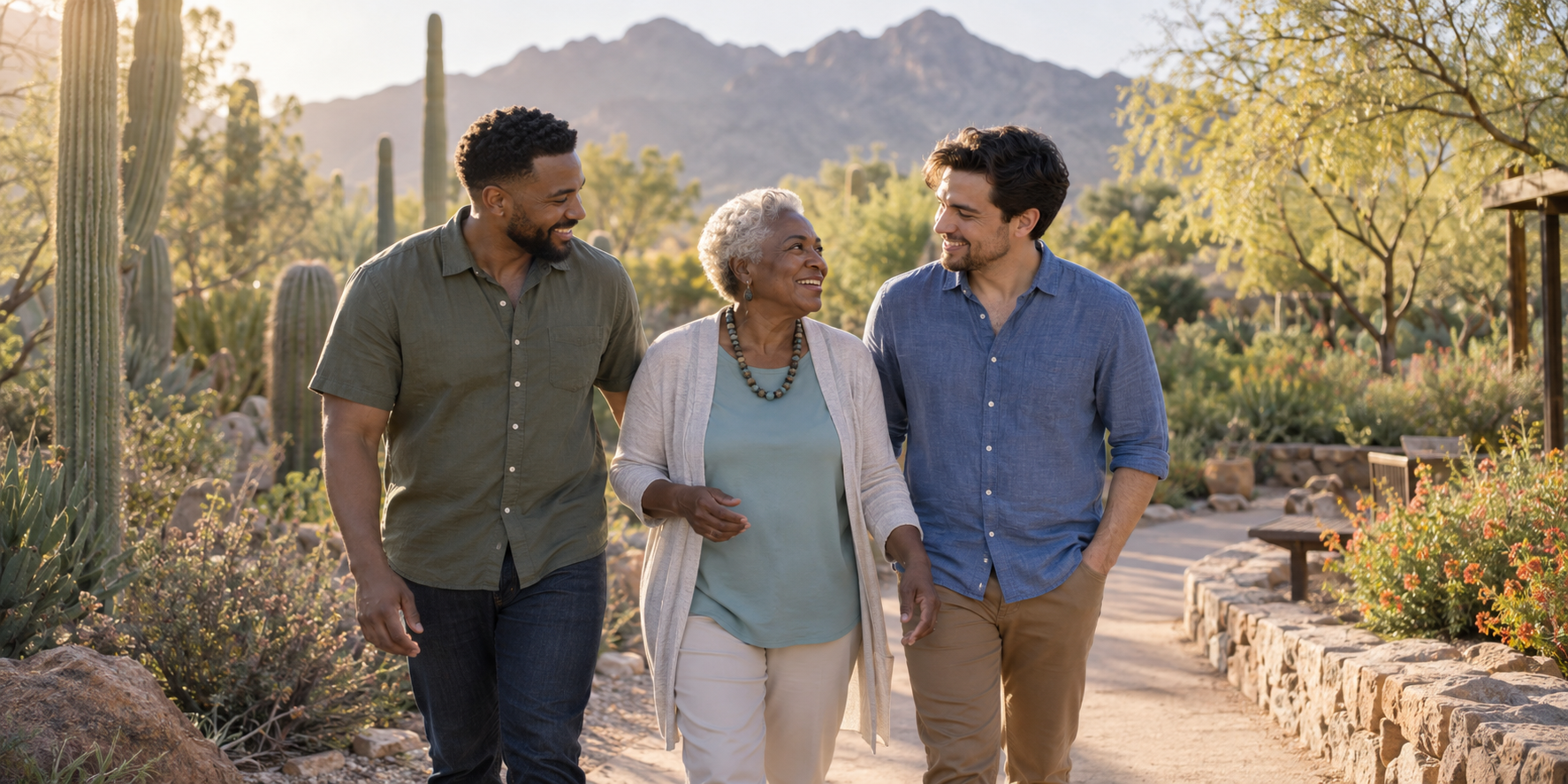 Two men in their thirties walking with an older mother through a Tucson garden