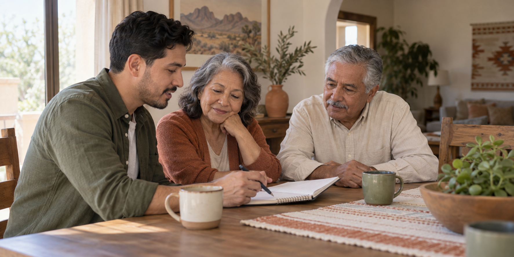 A Latino man in his thirties reviewing a shared plan with his older parents