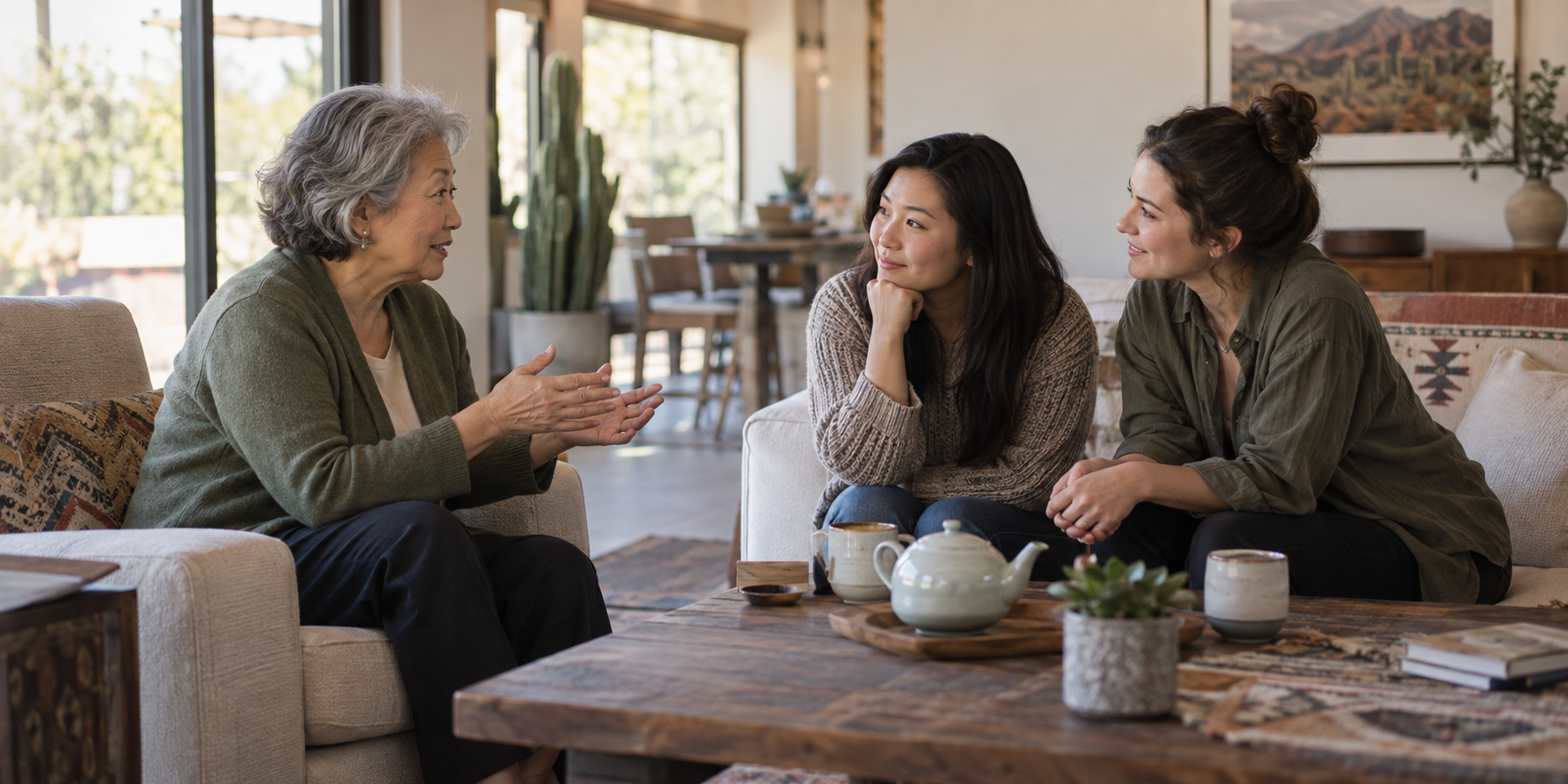 A woman in her thirties and her female partner talking with her older mother over tea