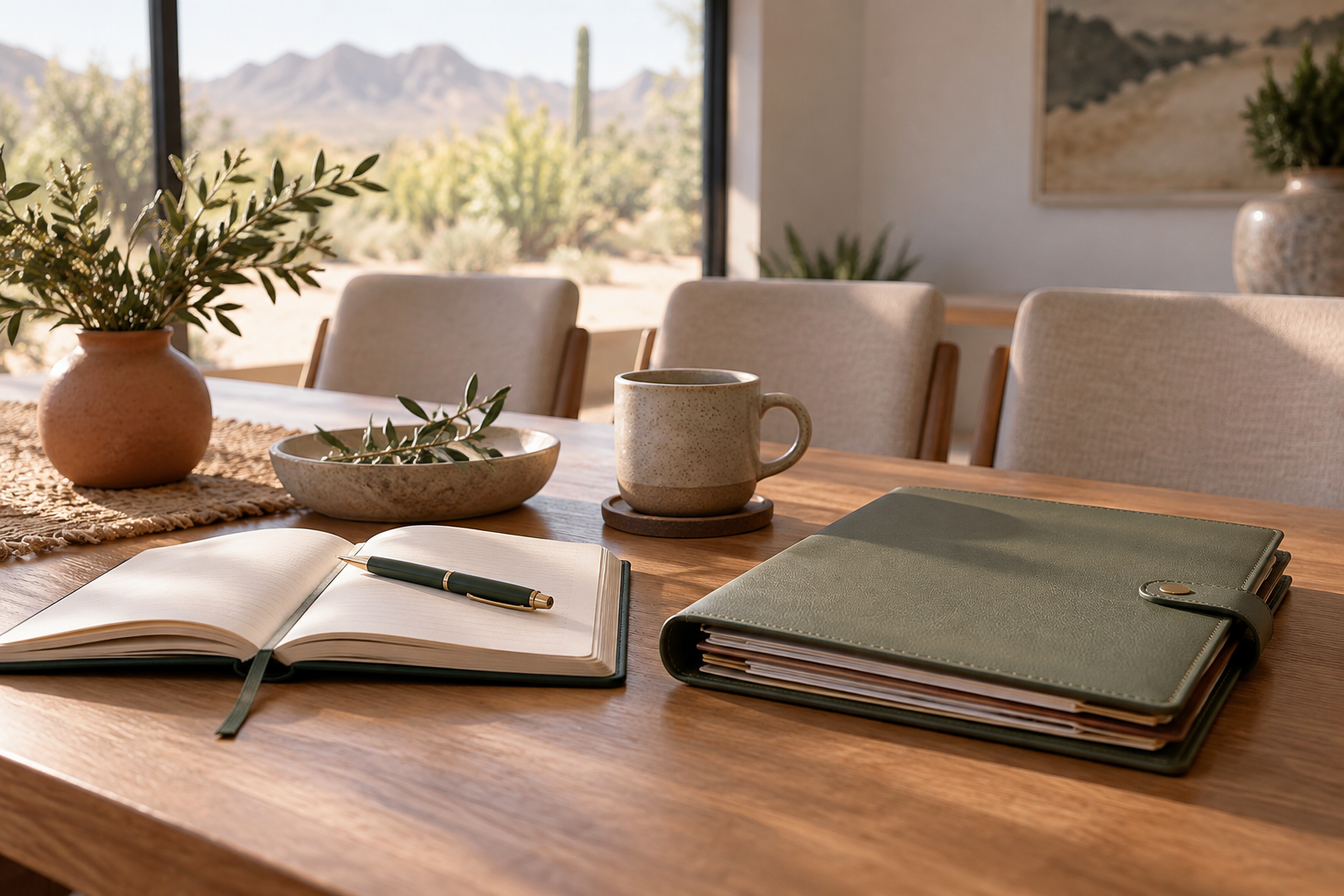 A notebook and organized planning folder on a warm dining table