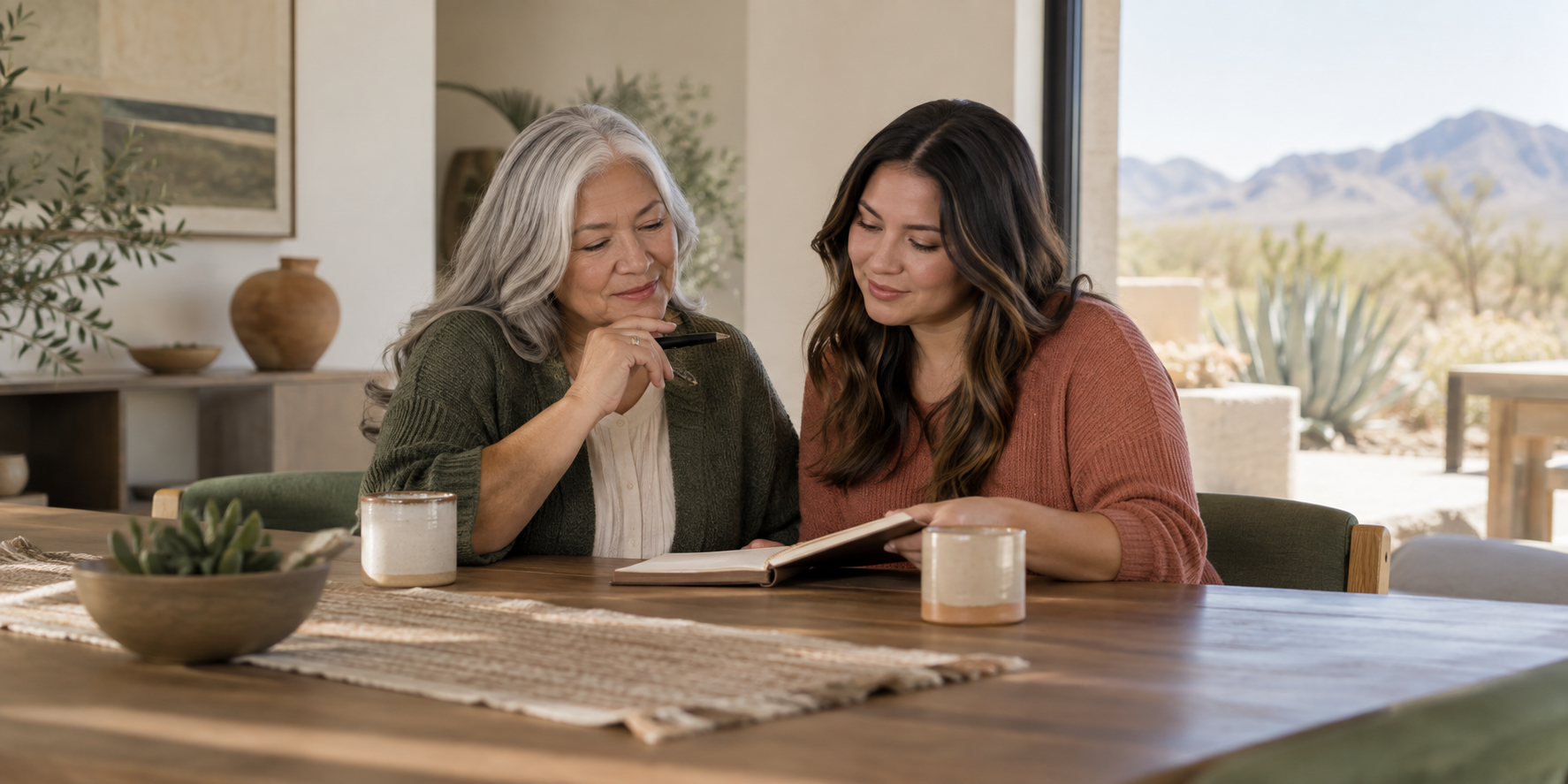 An older mother and adult daughter reviewing a notebook together at home